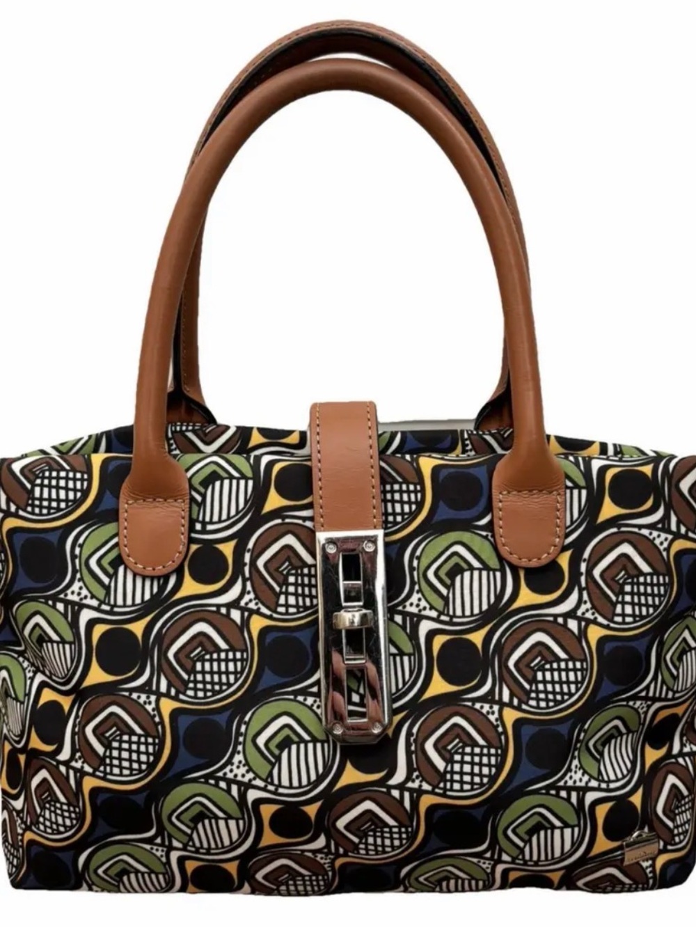 La Bagagerie Retro Geometric Print Satchel Tote – Navy Olive Mustard Brown Paris